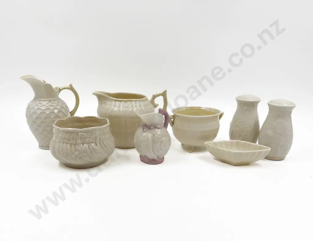 Belleek Three Cream Jugs Two Posy Pots Pepper and Salt Dish Image 1++