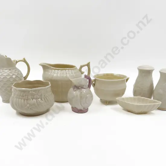 Belleek Three Cream Jugs Two Posy Pots Pepper and Salt Dish