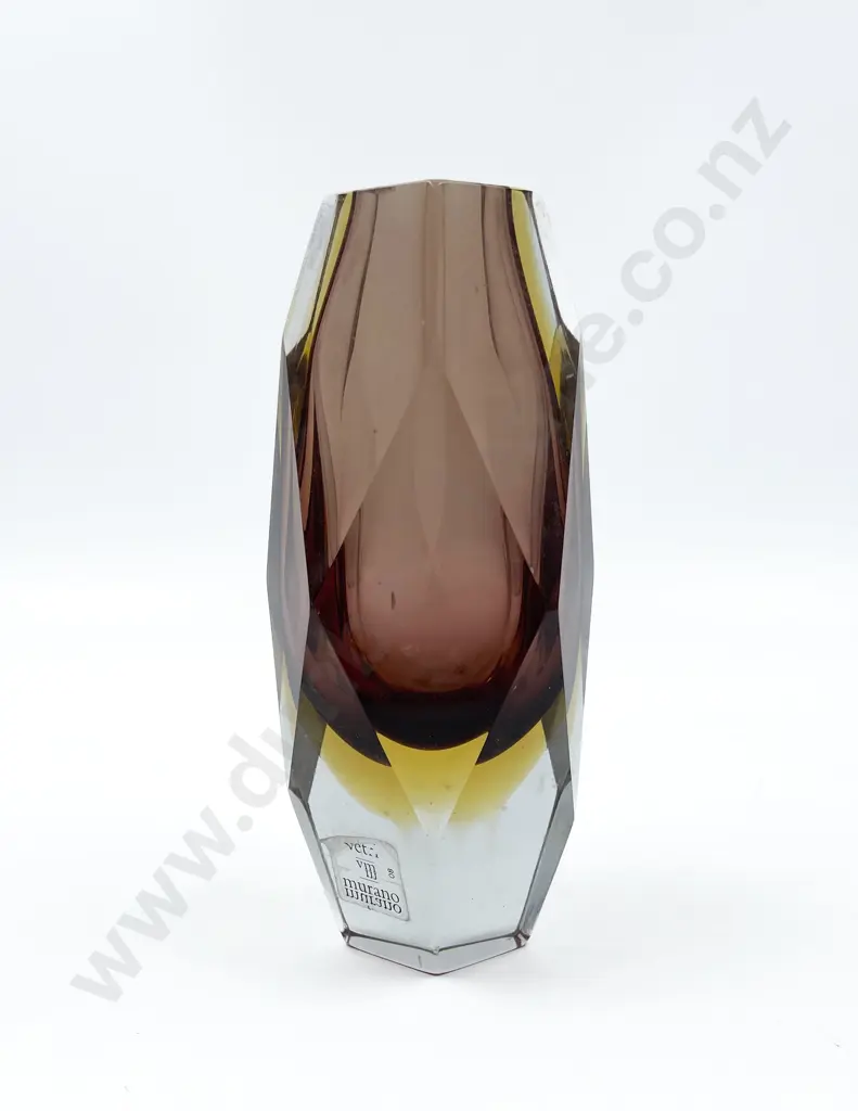 Murano Faceted Brown & Amber Sommerso Glass Vase c.1960s Image 1++