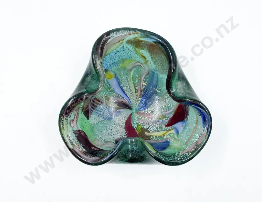 Mid-Century Murano Glass Green & Polychrome Bowl with Silver Flake Image 1++
