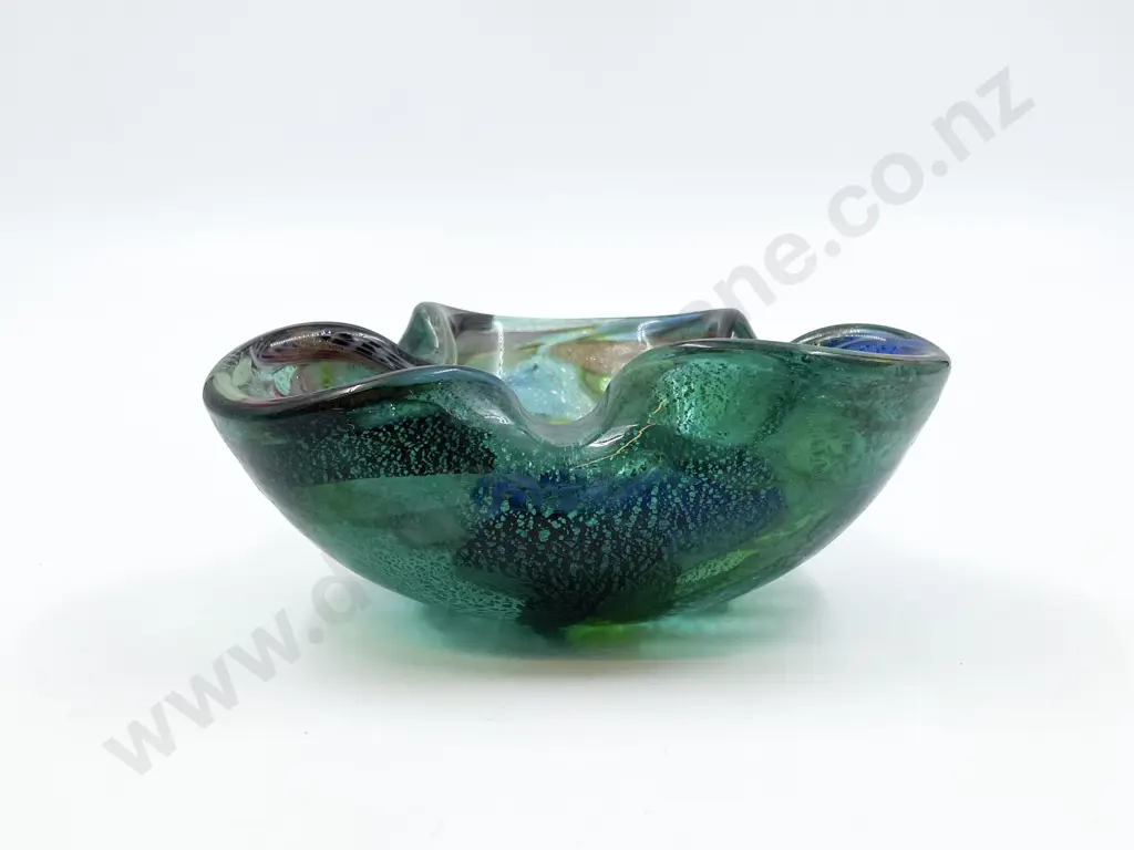 Mid-Century Murano Glass Green & Polychrome Bowl with Silver Flake Image 1++