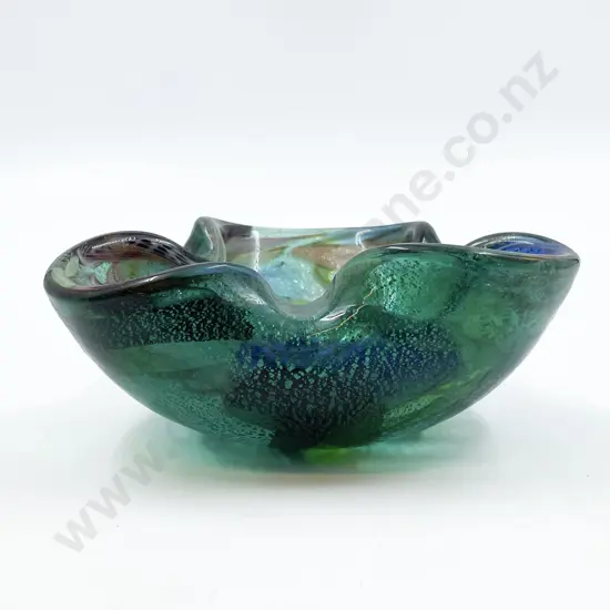 Mid-Century Murano Glass Green & Polychrome Bowl with Silver Flake