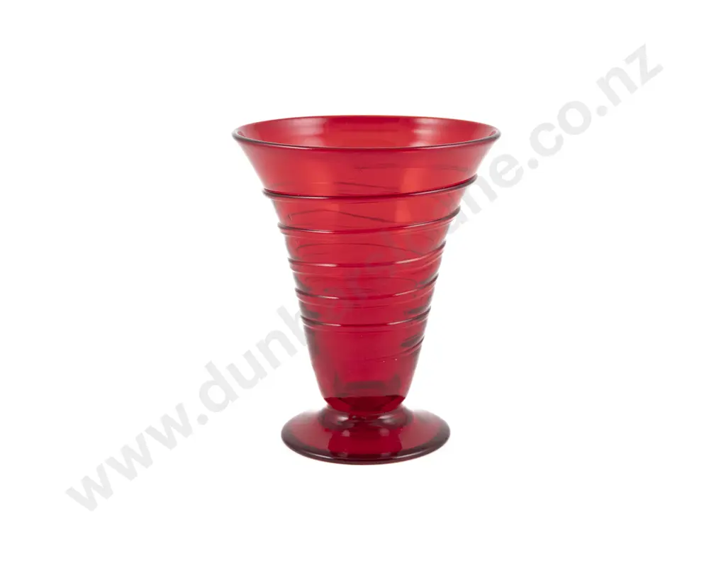 Whitefriars Ruby Red Glass Footed "Ribbon Trail" Vase Designed By Barnaby Powell Image 1++
