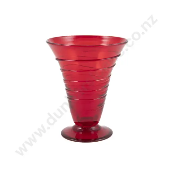 Whitefriars Ruby Red Glass Footed "Ribbon Trail" Vase Designed By Barnaby Powell