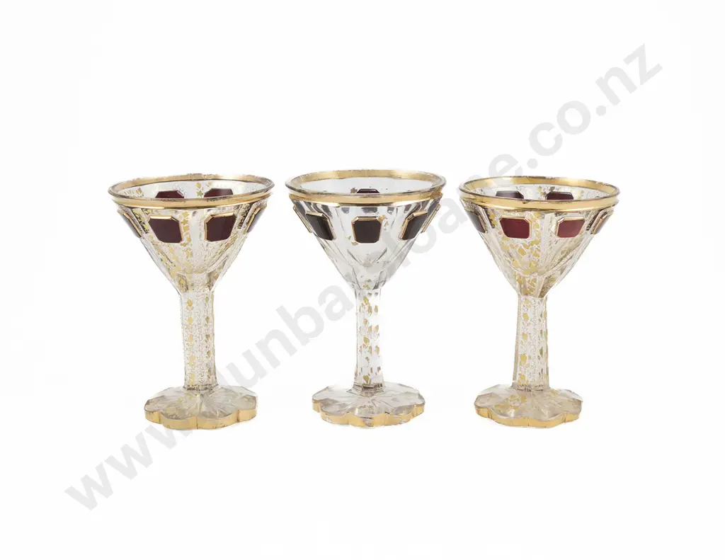 3 Small Venetian Ruby & Gilt Liqueur Glasses Image 1++