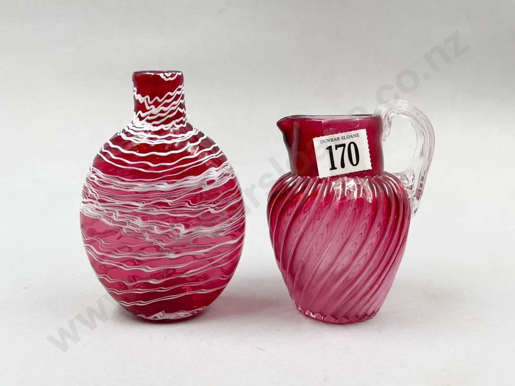 Vict. Cranberry Glass Cream Jug and Flask Image 1++