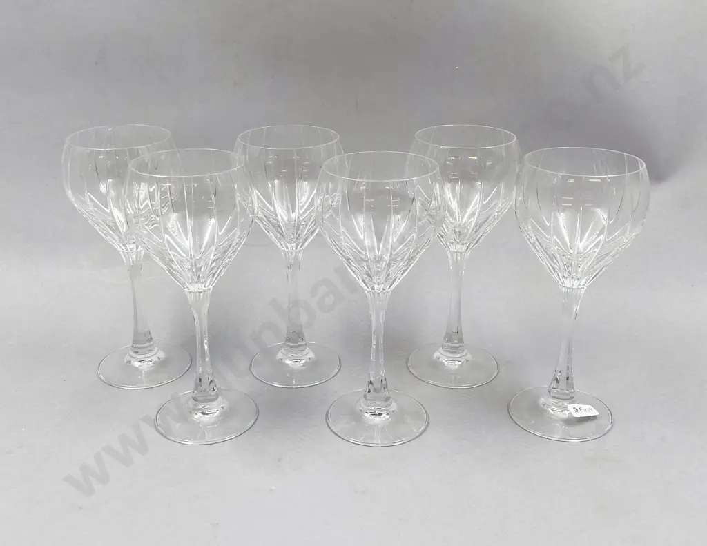 Set of Six Ribbed Crystal Tulip Bowl Wine Goblets Image 1++
