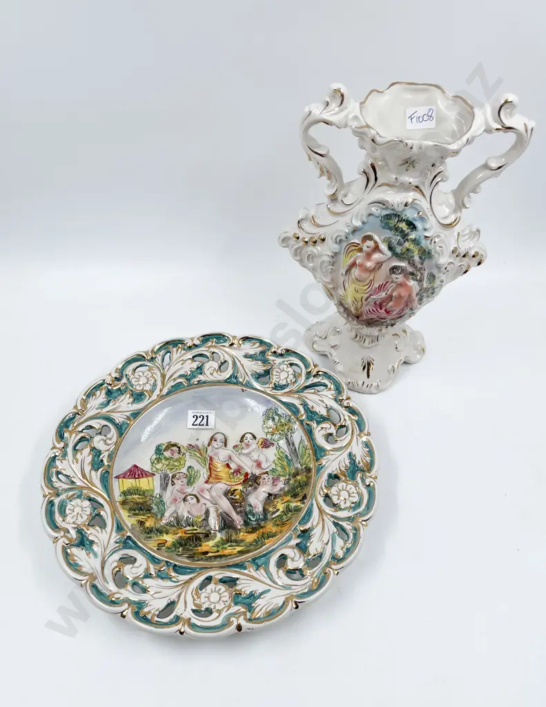 Italian Capodimonte Traditionally Figured Plate and Urn Image 1++