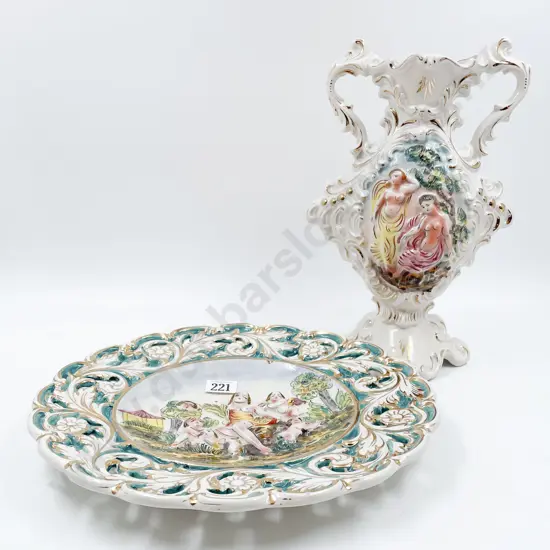 Italian Capodimonte Traditionally Figured Plate and Urn
