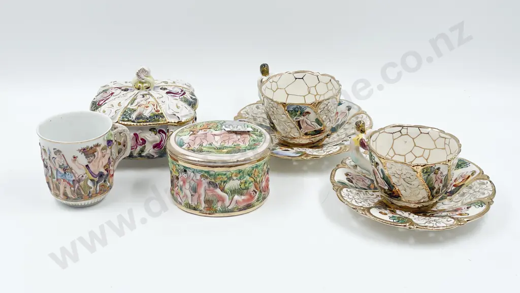 Italian Capodimonte Traditionally Figured Two Cup & Saucers Image 1++