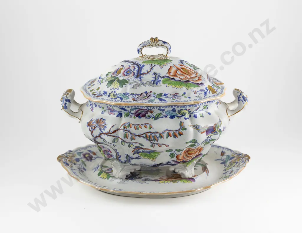 Davenport Stone China Flying Bird Pattern Soup Tureen on Tray Image 1++