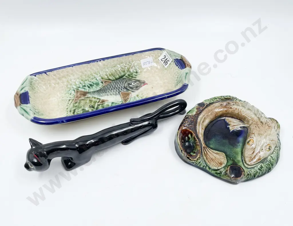 Two Majolica Dishes and Novelty Toothpick Holder Image 1++