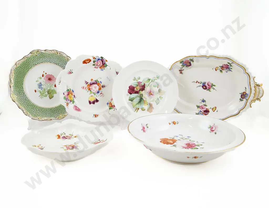 Six Various C19th English Floral Painted China Plates & Shallow Bowls Image 1++