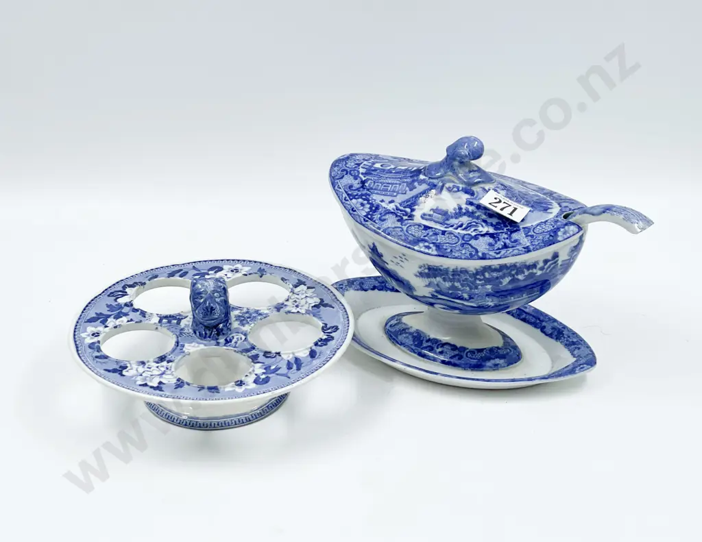 Mid C19th English B&W Sauce Tureen with Ladle and Condiment Stand Image 1++