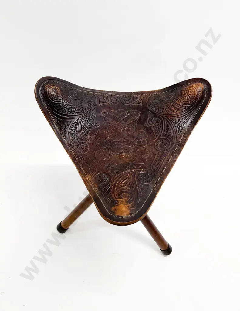 Tiki Tooled Leather Seated Stool Image 1++