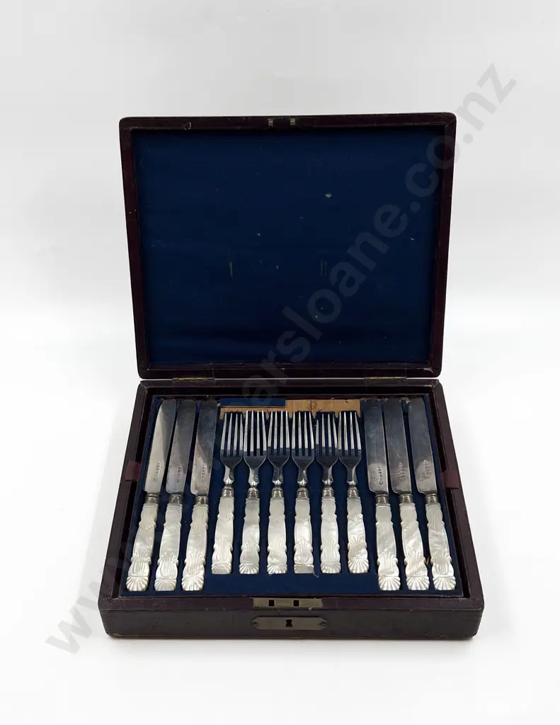 Vict Cased Twelve Place Mother of Pearl Handled Fruit Knives & Forks Image 1++