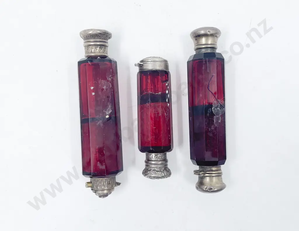 Three Vict. Double-ended Ruby Glass Scent Bottles Image 1++
