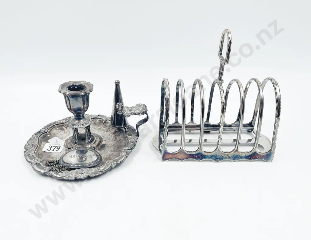 Vict Sheffield Plate Chamber Stick & Large Toast Rack Image 1++