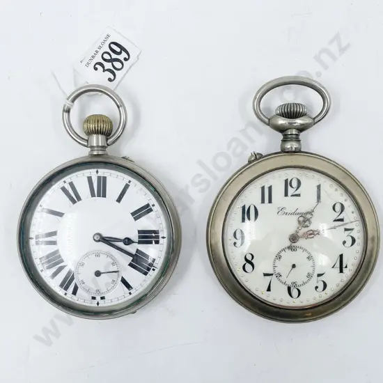 Two Edwardian Chrome Plated Oversized Open Face Lever Wind Pocket Watches