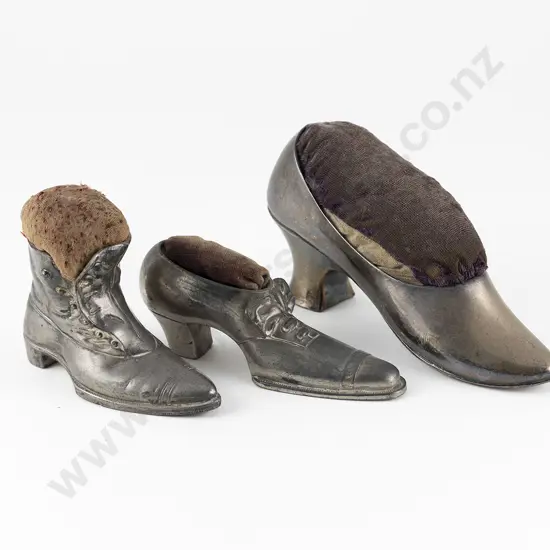 Three Vict Large S/Plated Shoe Pin Cushions Together with Three Vict Hand Clips