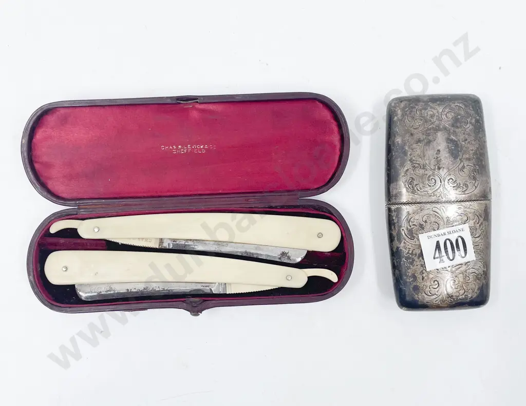 Cased Casin Handled Cut-Throat Razors & S/P Pocket Cigar Box Image 1++