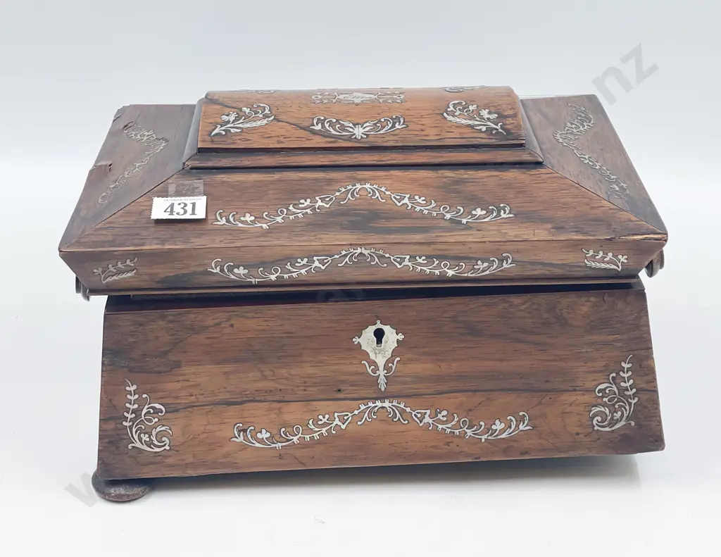 Vict MOP Inlaid Rosewood Work Box with MOP Implements Image 1++