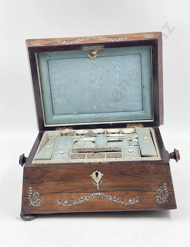 Vict MOP Inlaid Rosewood Work Box with MOP Implements Image 1++