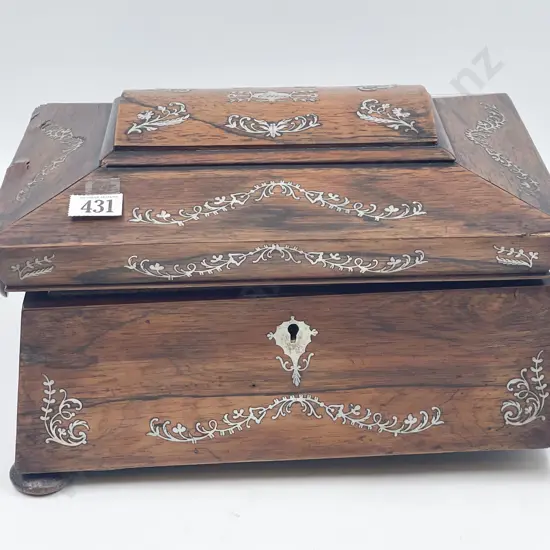Vict MOP Inlaid Rosewood Work Box with MOP Implements