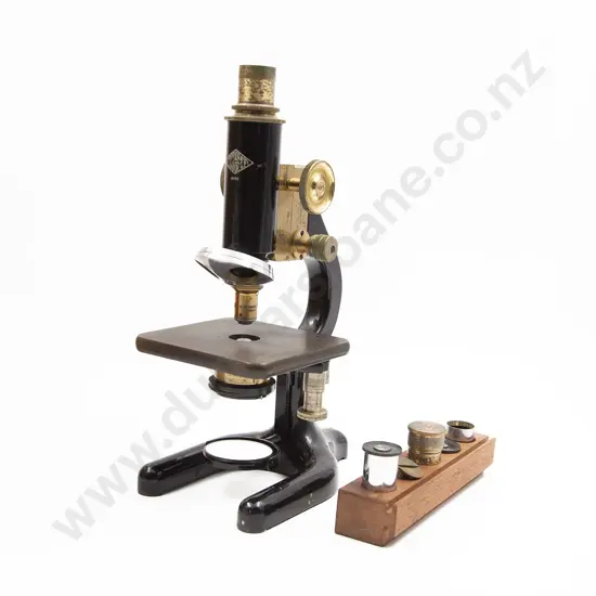 Vintage Cased Brass & Black Lacquered Monocular Microscope By W. R. Prior & Co, London