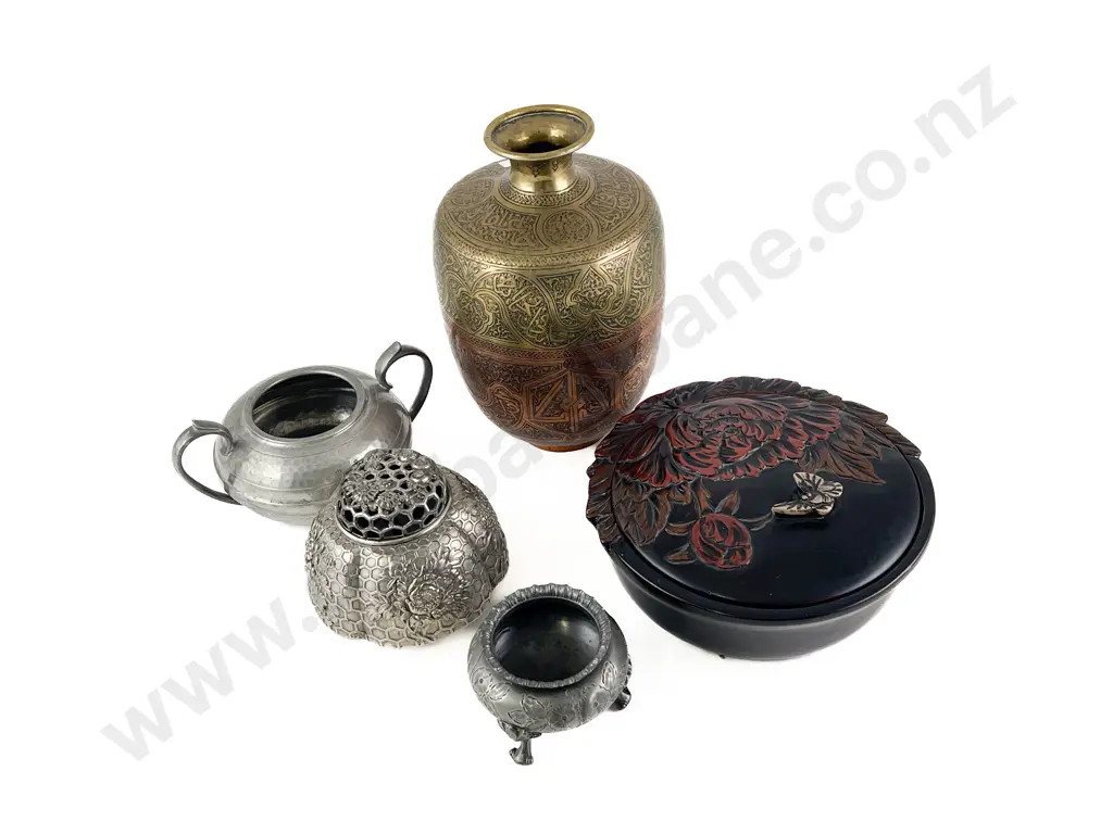 Middle Eastern Copper & Brass Vase Pot Pourri Pewter Bowl & Salt & Box Image 1++