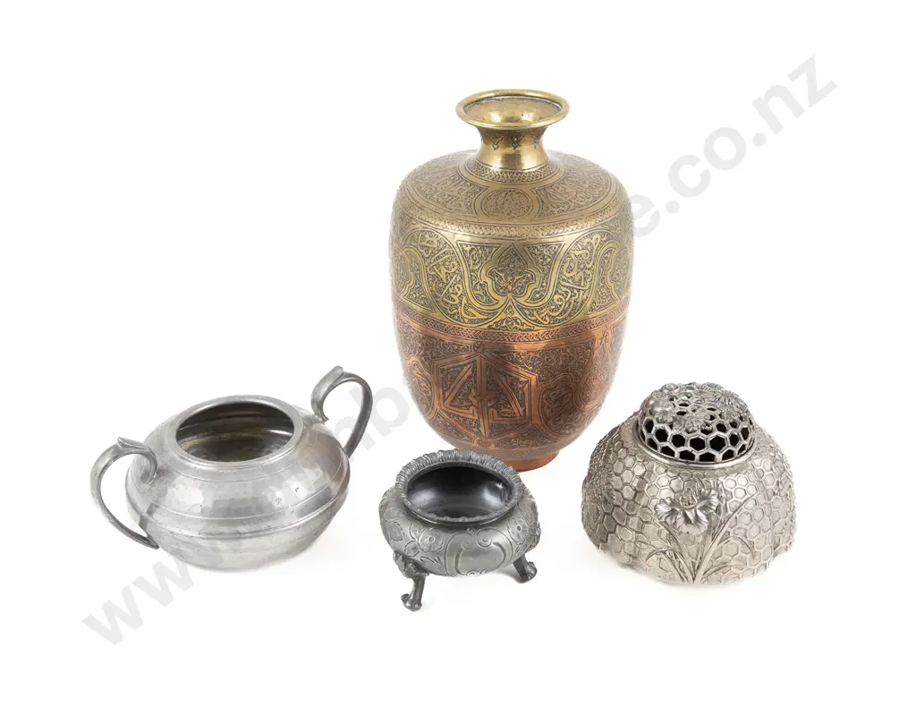 Middle Eastern Copper & Brass Vase Pot Pourri Pewter Bowl & Salt & Box Image 1++