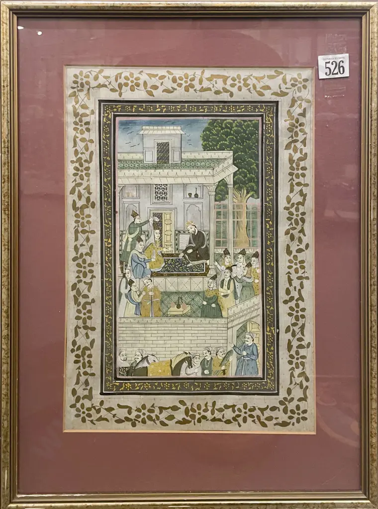 Moghul School Painting on Silk Depicting Nobles Image 1++