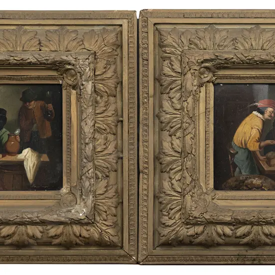 A Pair Of Early C19th Dutch Oil On Tin Paintings Of Tavern Interiors