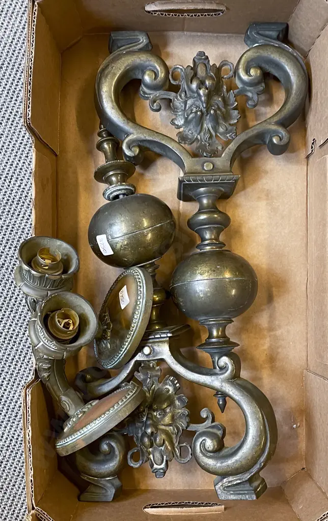 C19th Ornate Pair of Brass Andirons & Pair Light Sconces (1 A/F) Image 1++
