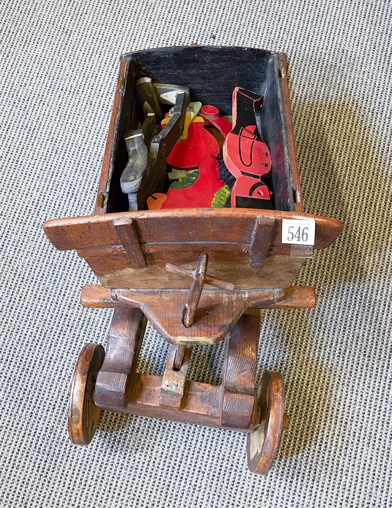 Early C20th Handmade Toy Wooden Cart & Three Wooden Toys Image 1++