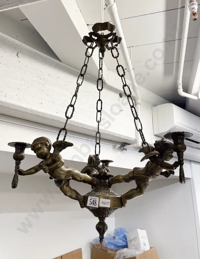 Heavy Brass Cherub Three Candlelight Ceiling Fitting Image 1++