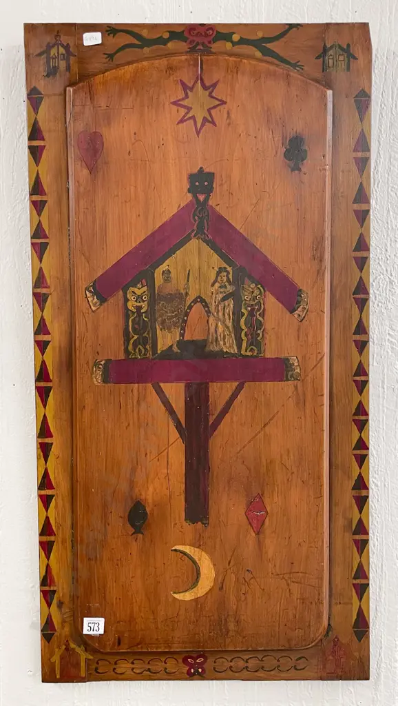 NZ Kauri Door Panel Naively Painted with Maori Meeting House & Figures Image 1++