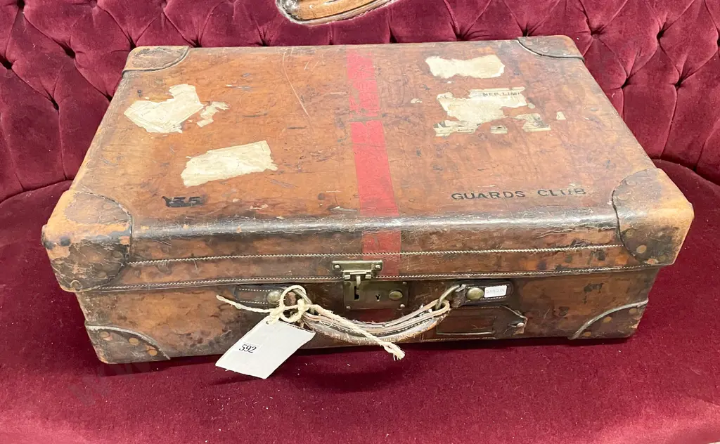 Early C20th Bullock Hide Suitcase Stamped 35 Guards Club Image 1++