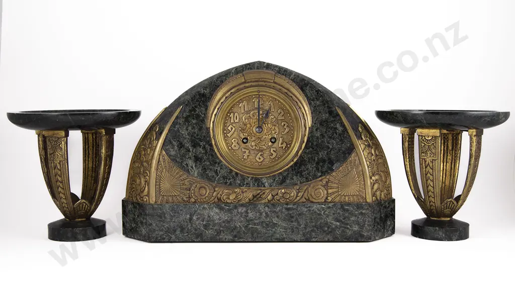 Art Deco French Marble Clock 3pce Garniture Image 1++