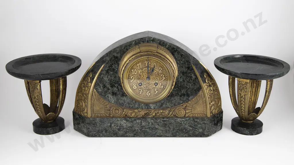 Art Deco French Marble Clock 3pce Garniture Image 1++
