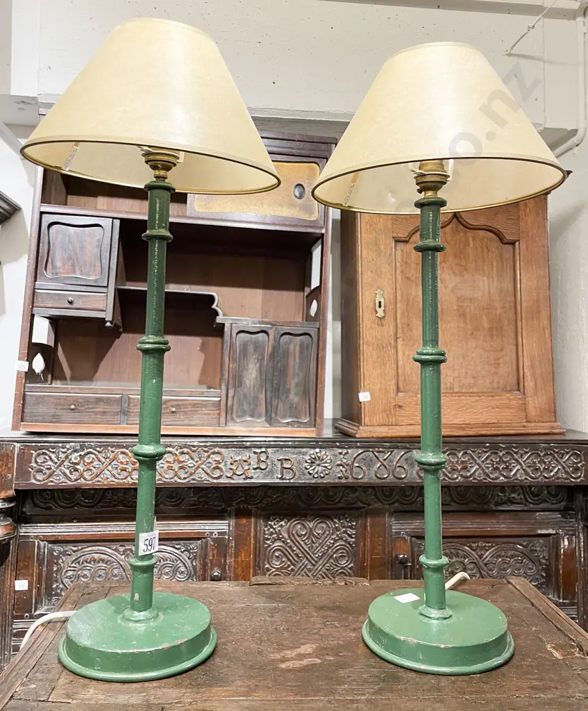 Pair Green Painted Cast Iron Table Lamps Image 1++