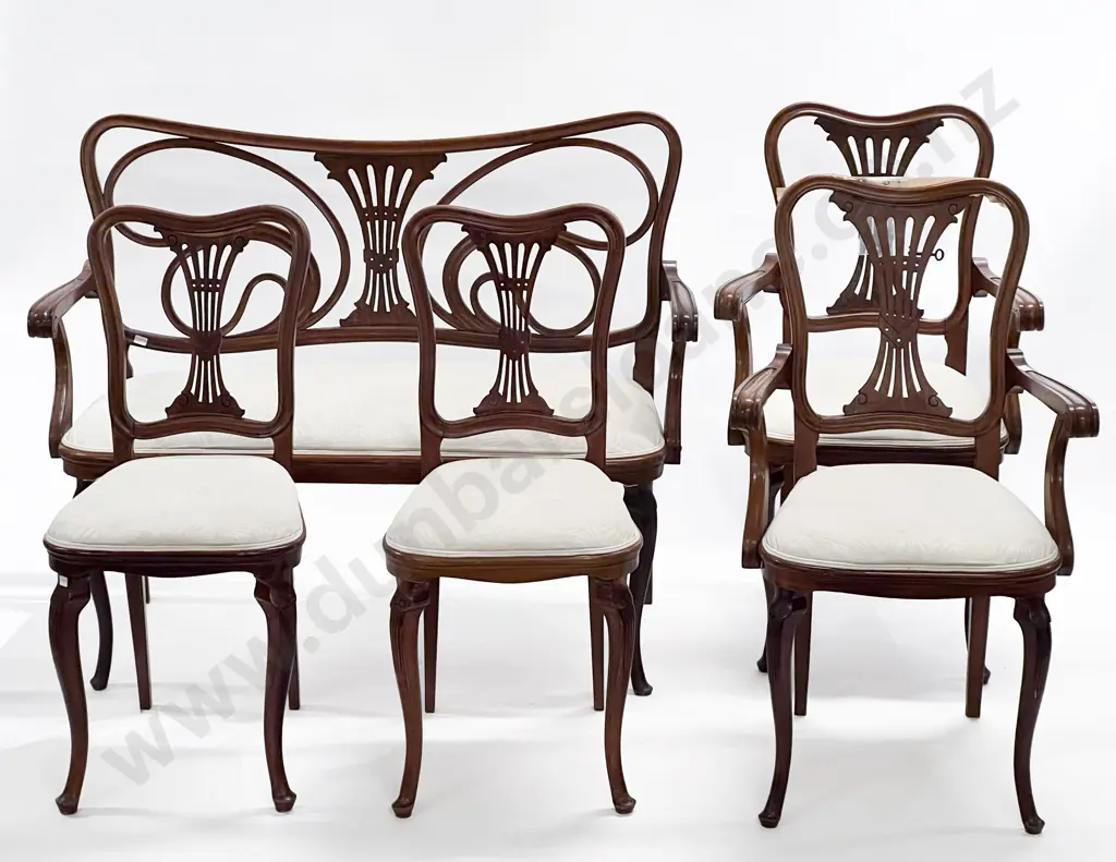 French Art Nouveau Five Piece Walnut Framed Parlour Suite Image 1++