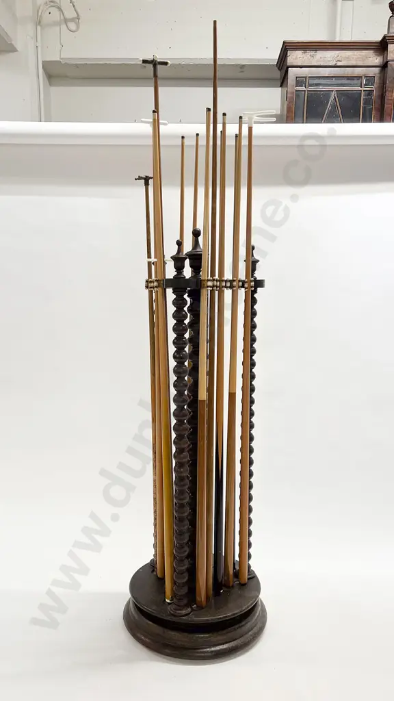 Late Vict Pool Cue Holder with Various Cues Image 1++