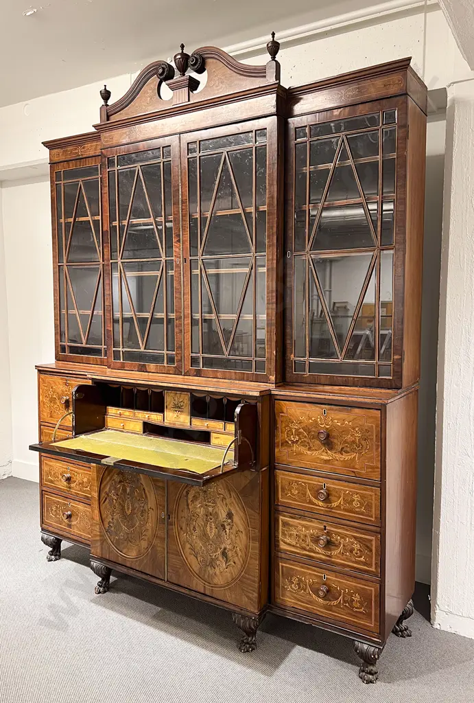 Fine Geo III Mahogany & Marquetry Breakfront Secretaire Library Bookcase Image 1++