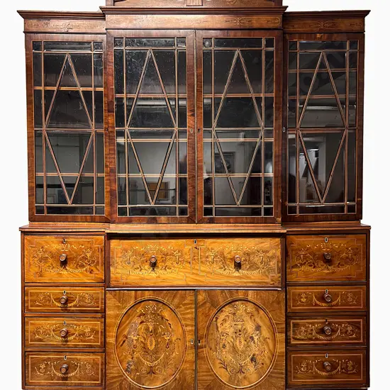 Fine Geo III Mahogany & Marquetry Breakfront Secretaire Library Bookcase