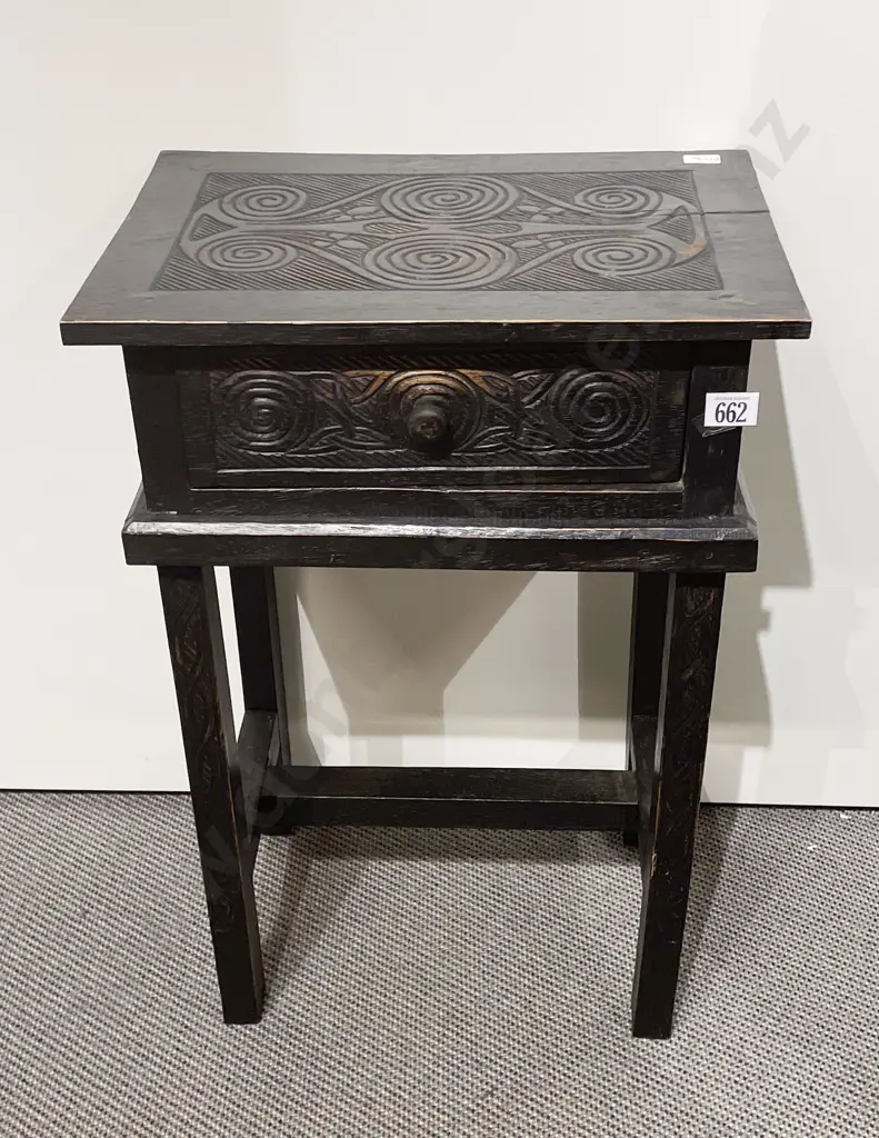 Handcrafted Ebonised Work Table With Maori Motifs Image 1++