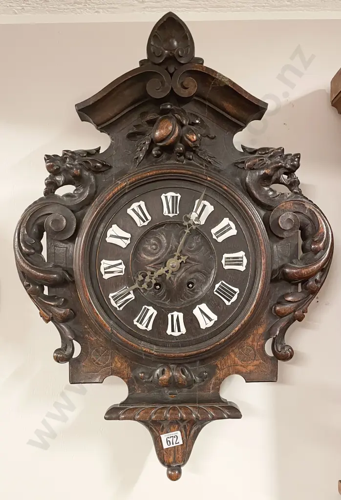 Late C19th Ornately Carved Oak Framed Wall Clock Image 1++