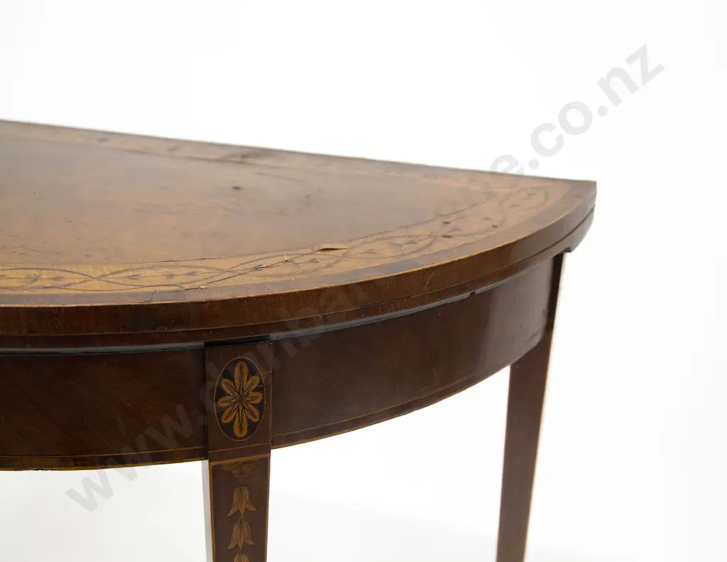 Geo III Mahogany Satinwood & Marquetry D Shaped Foldover Card Table Image 1++
