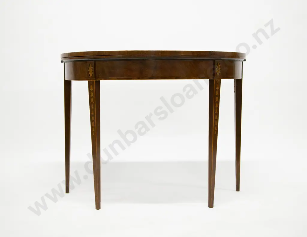 Geo III Mahogany Satinwood & Marquetry D Shaped Foldover Card Table Image 1++
