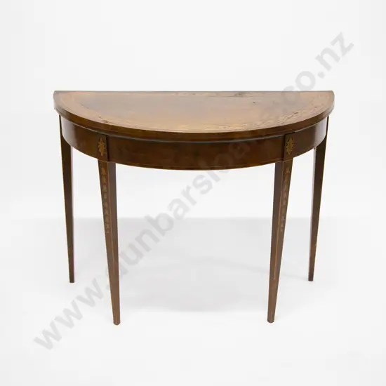 Geo III Mahogany Satinwood & Marquetry D Shaped Foldover Card Table
